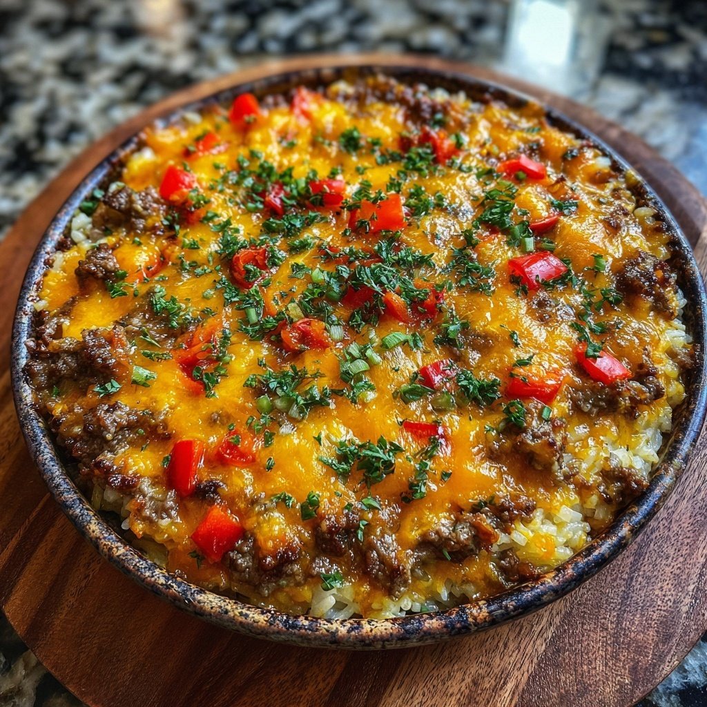 Ground Beef And Cheesy Rice Bake